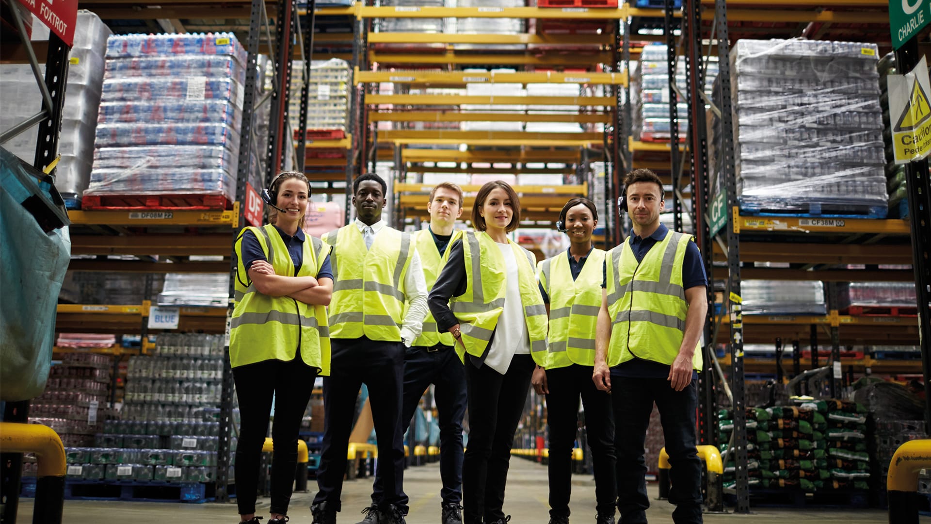 A group of people stood in a warehouse in high vis-jackets.