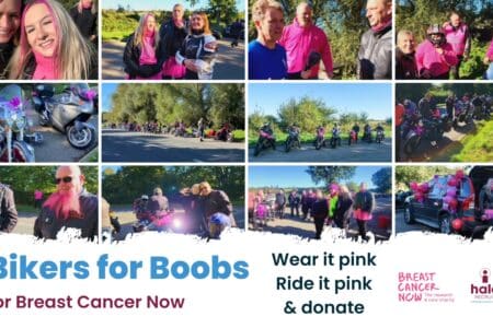 collage of bikers for breast cancer now